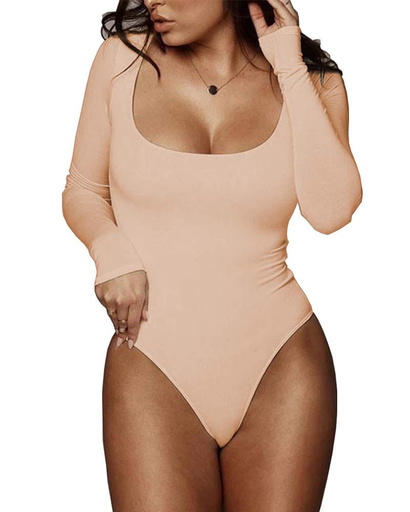 BelleLovin Women's Square Neck Long Sleeve T-shirt Basic Bodysuit Jumpsuits (Nude, Small) - Image 1